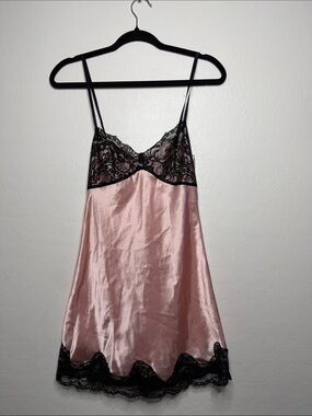 Victoria's Secret Pink Satin Chemise with Black Lace Trim